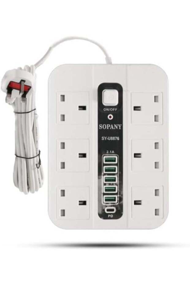 شريط طاقة بستة مقابس مع منافذ USB وشحن سريع