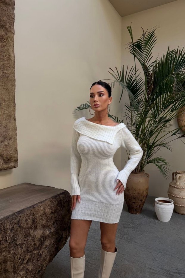 Basic Wide Fold Collar Fit Model Knitwear Mini Dress Av3912