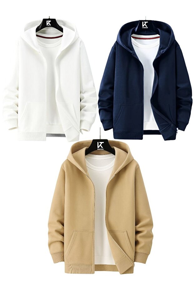 3-Piece Hooded Unisex Zippered Sweatshirt / Cardigan
