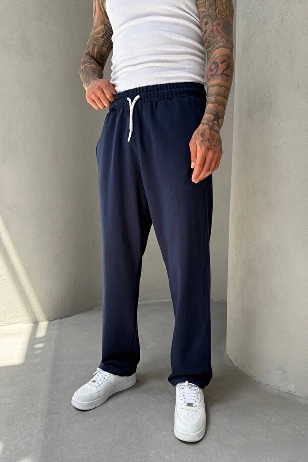 Men's Baggy Fit Adjustable Leg Navy Blue Sweatpants Ke-7018