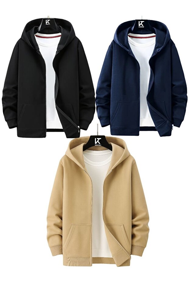 3-Piece Hooded Unisex Zippered Sweatshirt / Cardigan