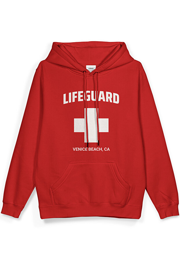 Lifeguard Printed Hooded Yarı Oversized Sweatshirt Red Hoodie 1410