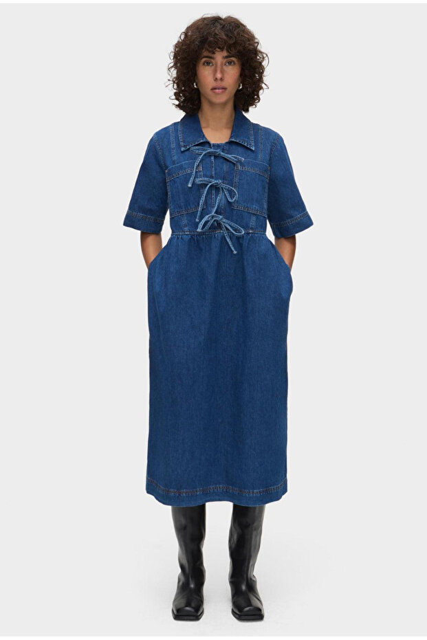 Lace-Up Asymmetrical Cut Navy Blue Denim Dress