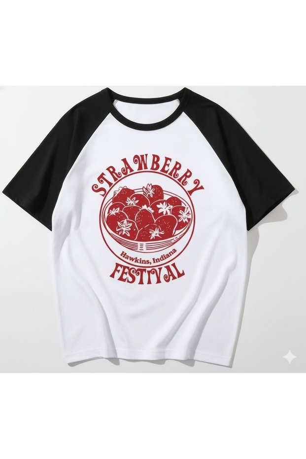 Blunt Stranger Things Gray Unisex Raglan Sleeve Strawberry Festival T-Shirt