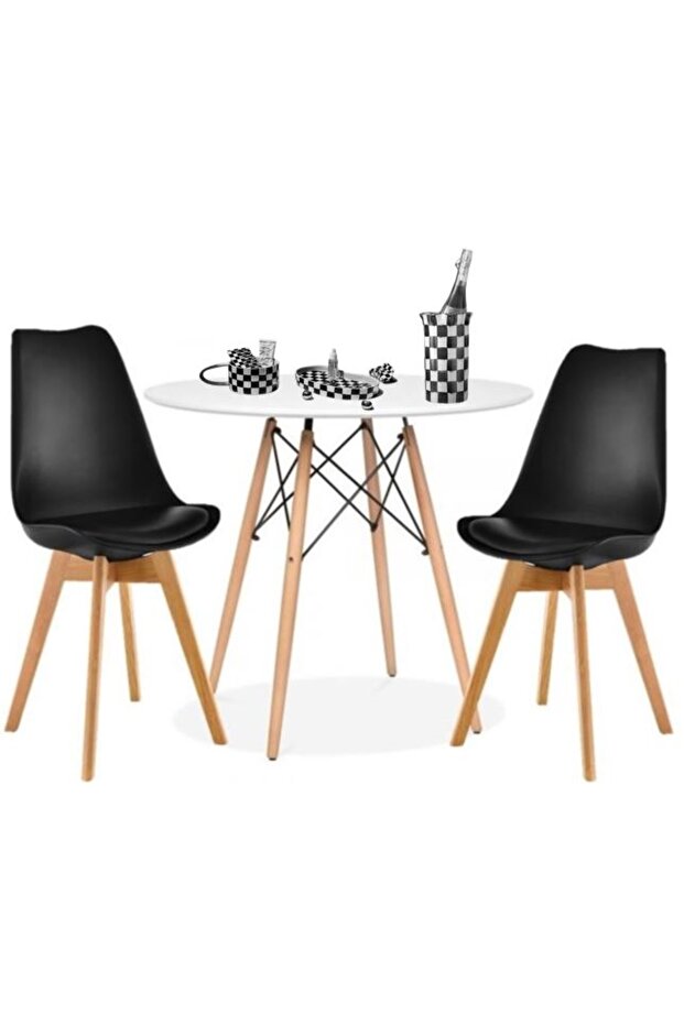 Sdino Eames 1 Round White Dining Table + 2 Black Tulip Shell Cushioned Seat Chairs Wood Dining Set