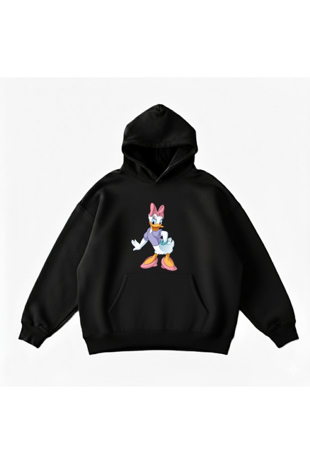 Makiteks Black Cotton Unisex Kangaroo Pocket Hooded Relaxed Fit Cute Duck Printed Sweatshirt