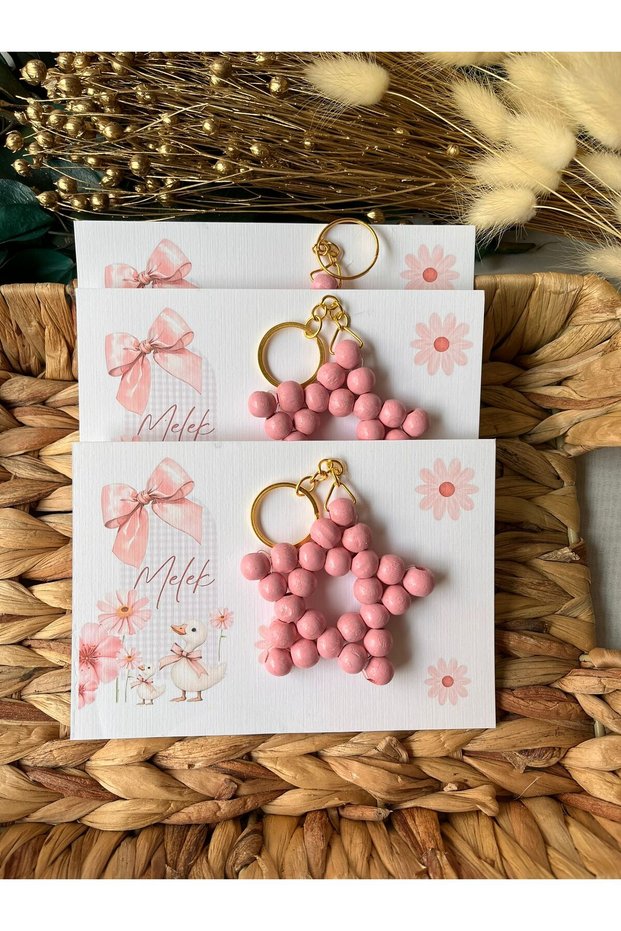 Pink Wooden Star Keychain Baby Gift Birthday Baby Shower Gift 25 Pieces