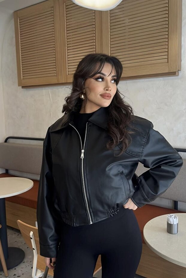 سترة باريس قصة فضفاضة الجلدية باللون الأسود - 3