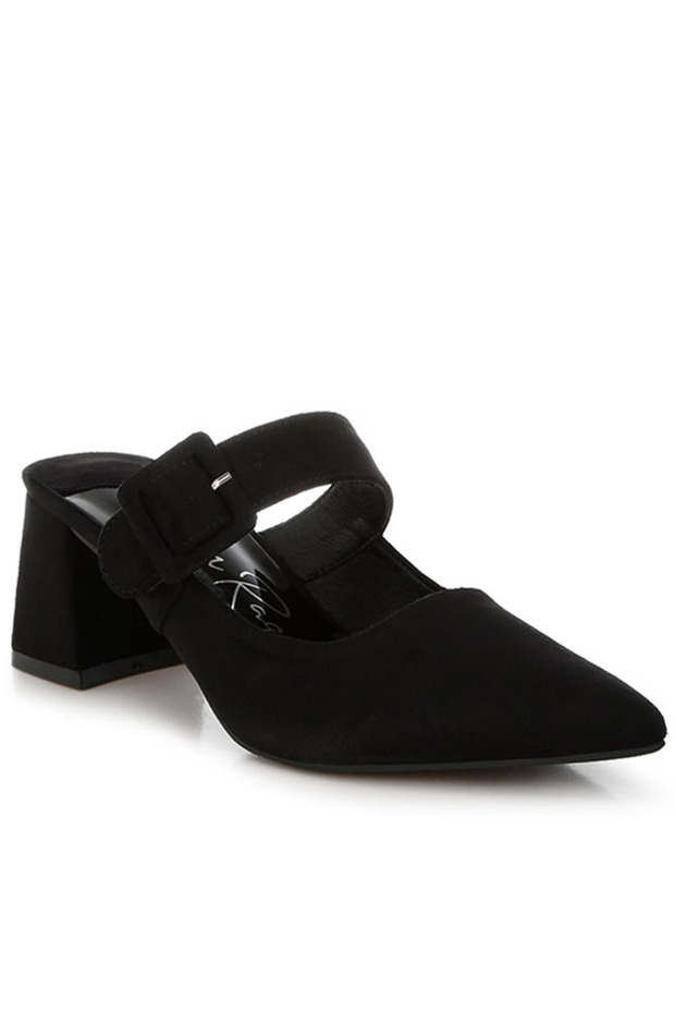 Women Buckle Strap Detail Microfiber Mules in Black