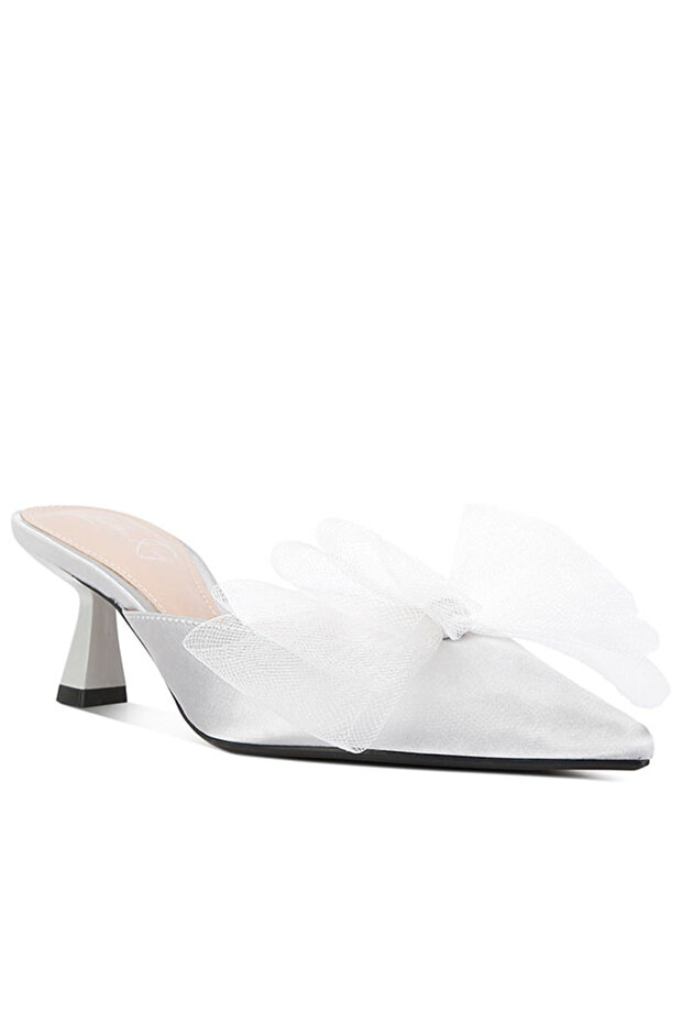 Women White Silver Organza Bow Embellished Mules