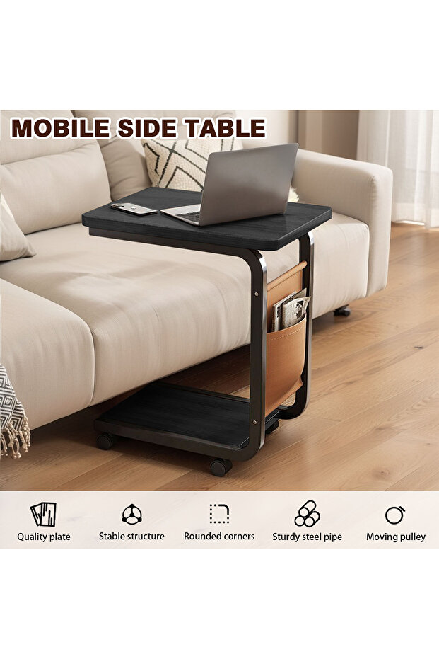 【C-Shaped Mobile Side Table with Wheels】3-Layer Storage Rolling Sofa Side Table– End Table - 2