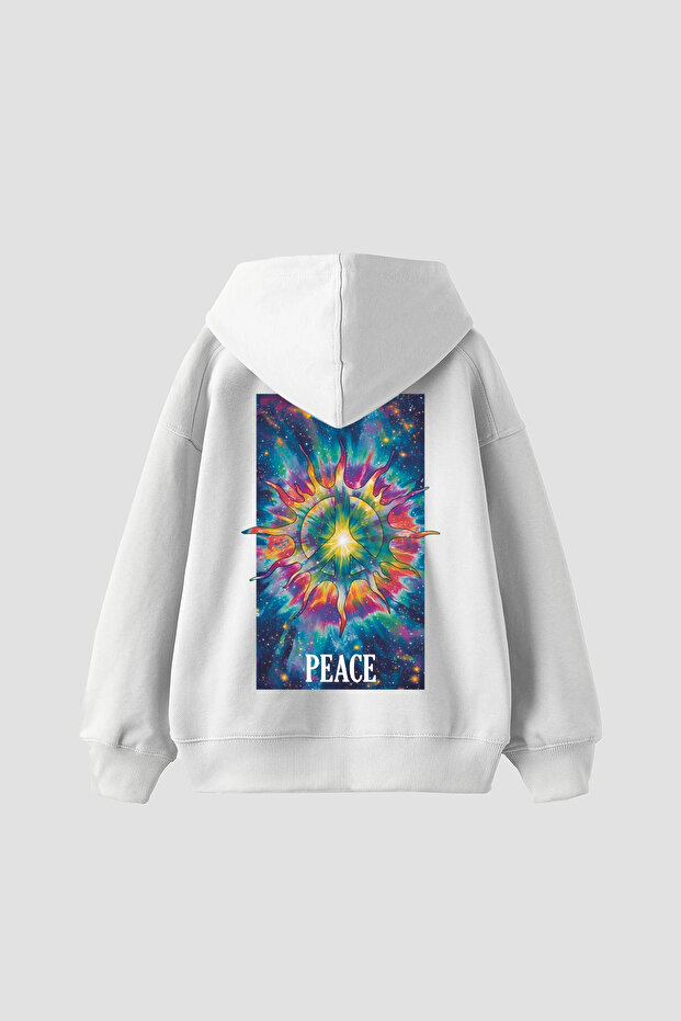 هوديي أبيض للجنسين من Peace مطبوع قصة فضفاضة