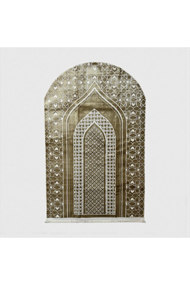 Premium Velvet Islamic Prayer Mat – Golden Geometric Mihrab