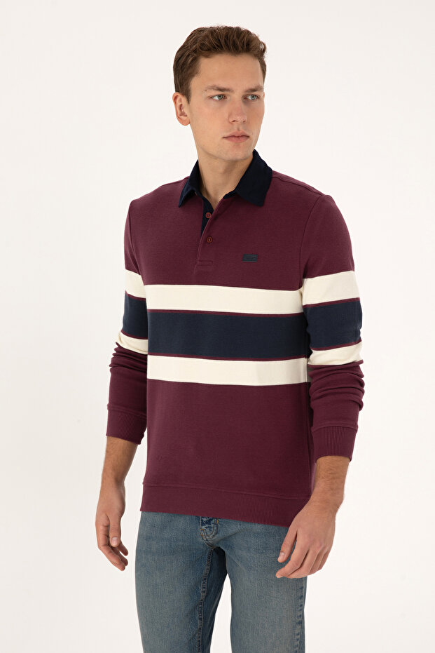 Men's Regular Fit Claret Red Polo Collar Sweatshirt 50308897-Vr177