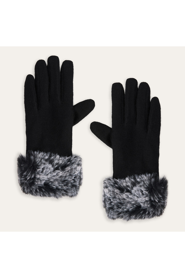Women's Gray Melange Wool Blend Gloves with Plush Detail