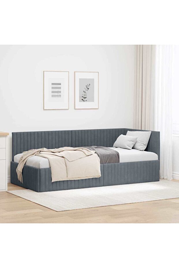 Corner Bed Frame with Headboard Dark Grey 90 cm x 200 cm Velvet