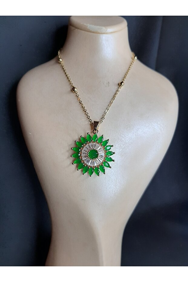 Gold Color Green Stone Sun Model Ball Chain Steel