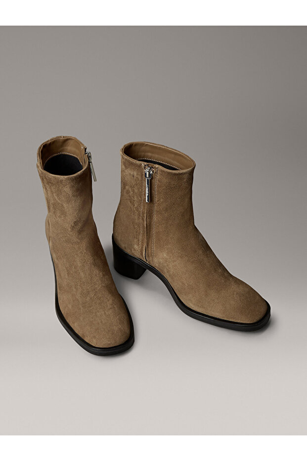 Suede Square Toe Zip Ankle Boots - 2