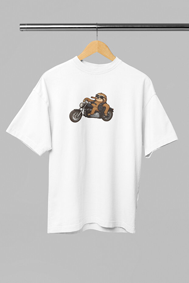 Men's Basic T-Shirt Motorcyclist Sloth - White