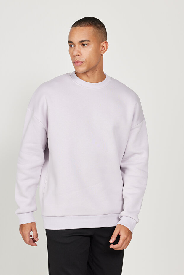 Lila Oversize Fit Bol Kesim Pamuklu Içi Polarlı 3 Iplik Bisiklet Yaka Sweatshirt - 3