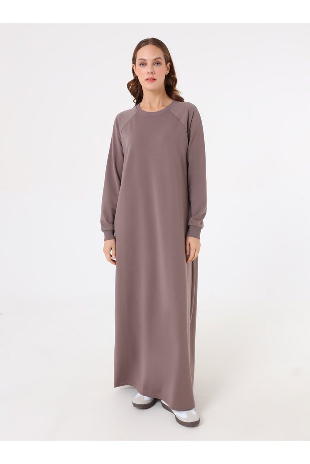 Soft Buttoned Hijab Dress - Dark Mink -