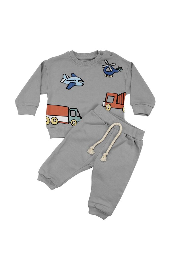 Baby Boy Gray Airplane Truck Printed Set of 2
