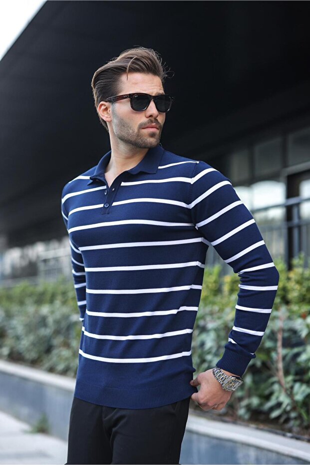 Navy Blue Buttoned Polo Neck Striped Long Sleeve Sweater 7263
