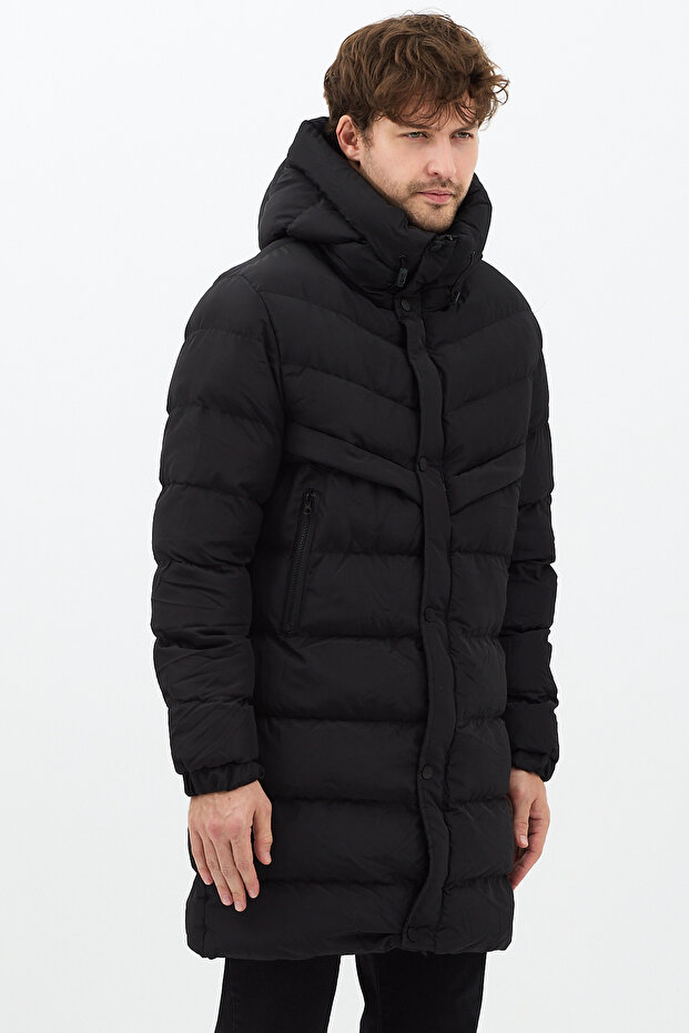 Men's Black Quilted Hooded Long Winter Jacket with Filling