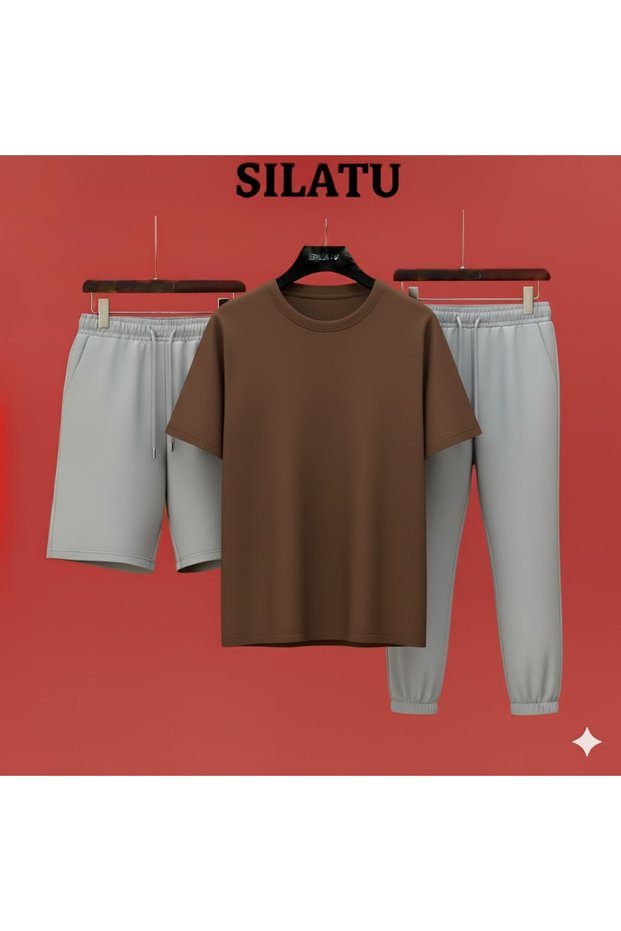 Brown T-Shirt Track Shorts 3-Piece Set