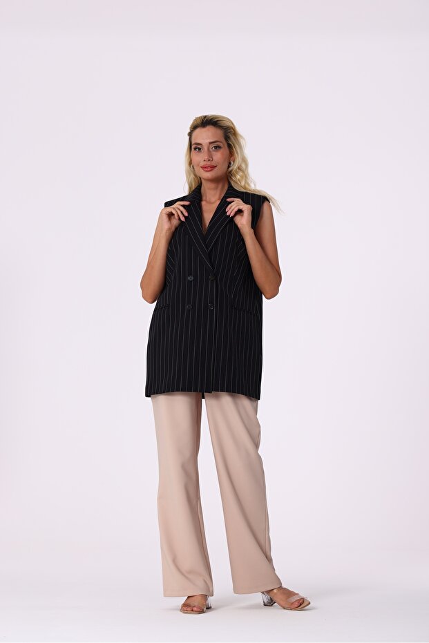 ŞERİT ÇİZGİLİ SİYAH YELEK - 7