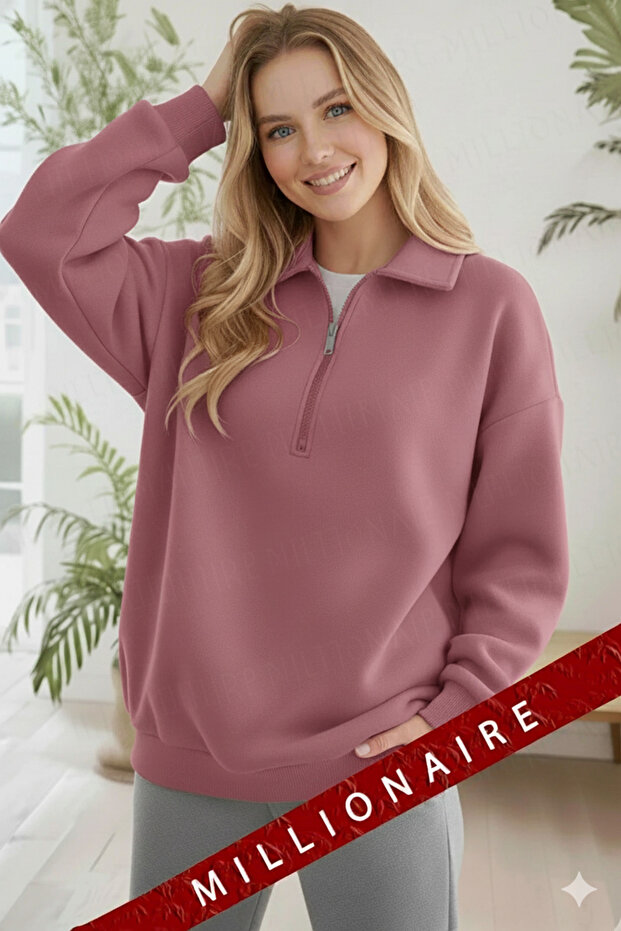 Women's Dusty Rose Pink Half Zip Polo Neck 3 Thread Fleece Inside Sweatshirt Fleece-Lined V Oversized Weatshirt