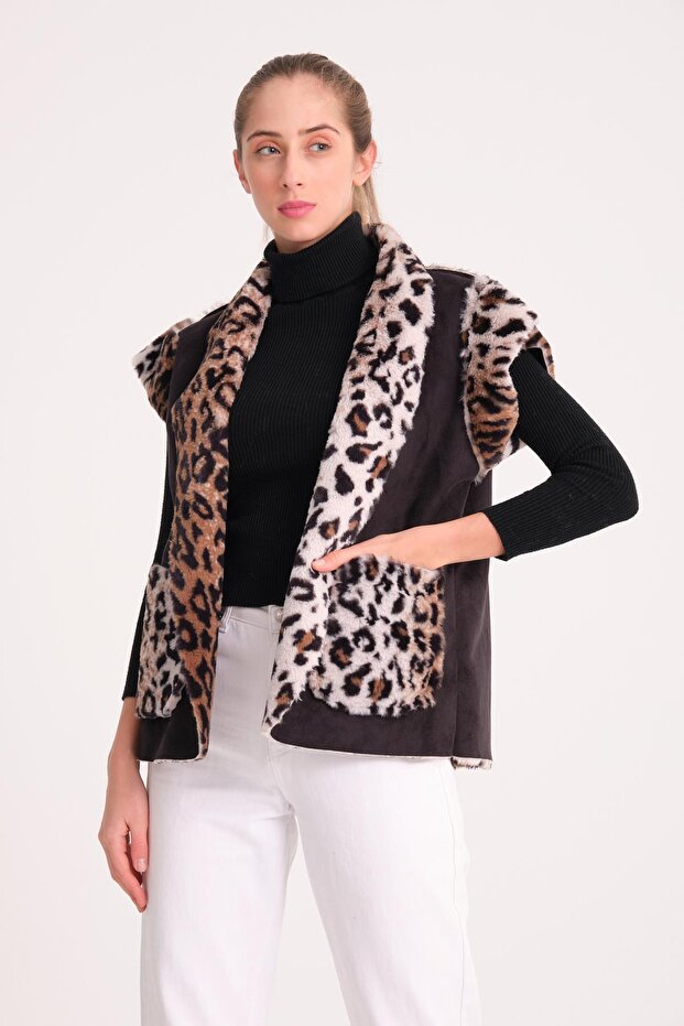 Women's Black Italian Short Vest with Leopard Fur Inside