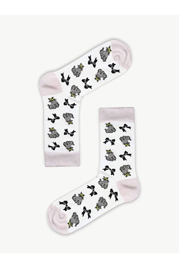 جوارب بيضاء متعددة الألوان للجنسين بنمط القطط - 1