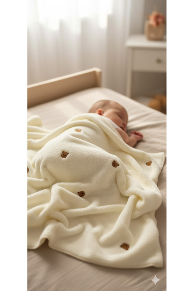 BEAR EMBROIDERED WELSOFT 90*100 CM BABY BLANKET