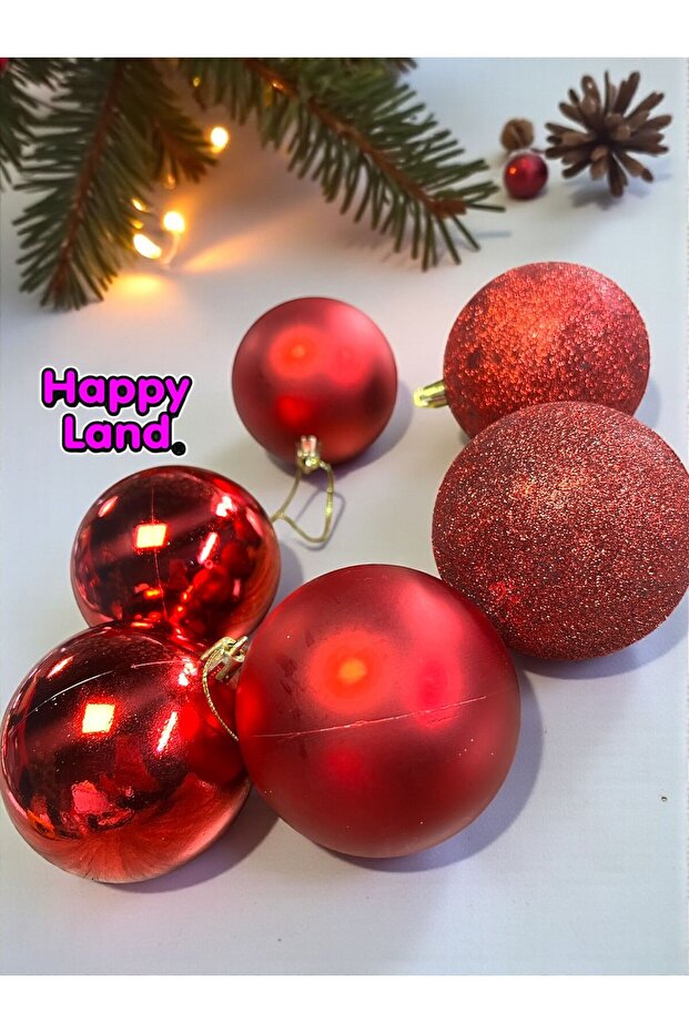 Christmas Pine Tree Ornament Red Color 6 Pieces 8 cm Christmas Balls