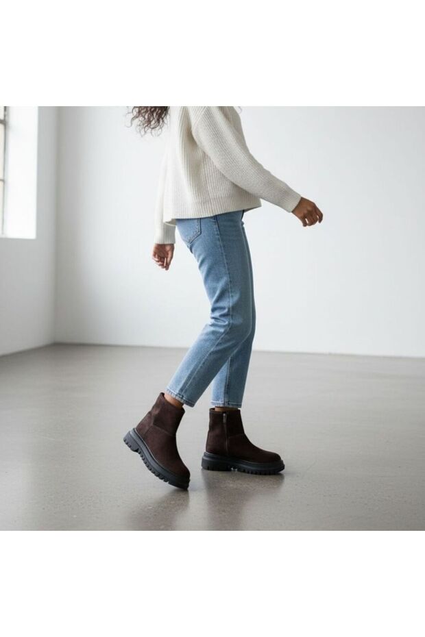 Brown Suede Genuine Leather Women's Boots with Internal Zipper and Plush Lining