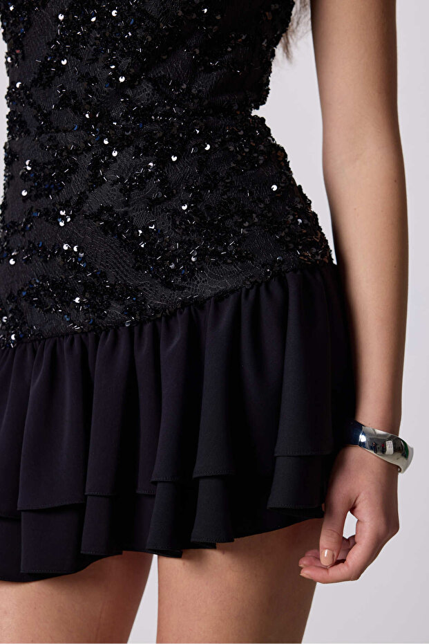 Straplez Pul Payet İşlemeli Mini Elbise - 5