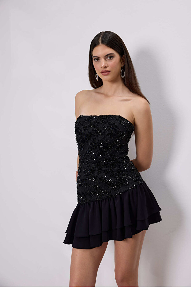 Straplez Pul Payet İşlemeli Mini Elbise - 3