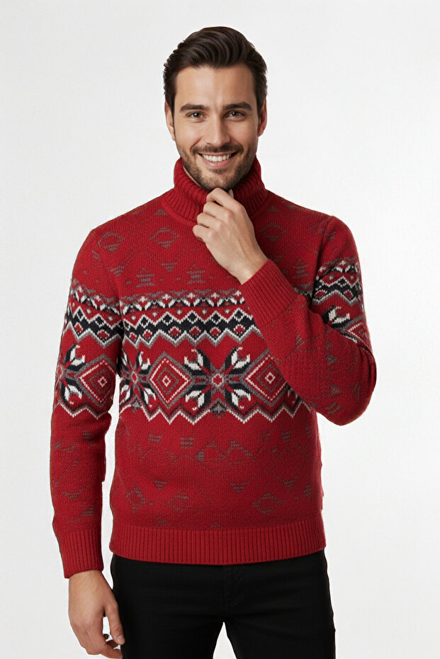 Men's Patterned Turtleneck Sweater - 1