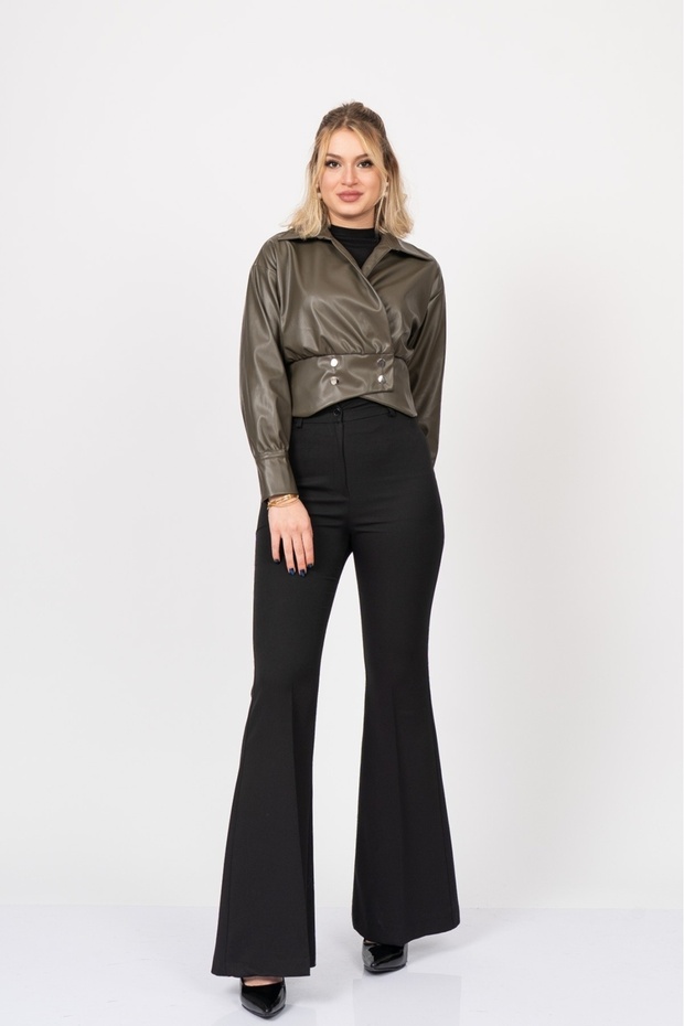 Women's Winter Khaki Blouse Chromeedge Asymmetric Leather Blouse Stylish Daily Comfortable 7759