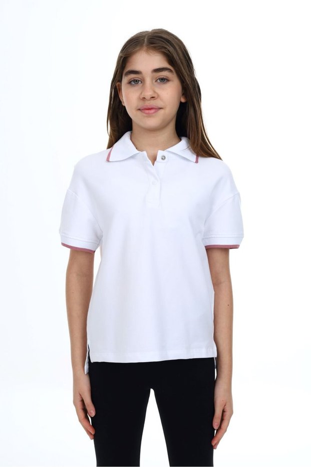 Girl's Printed Polo Neck Snap Fastener Short Sleeve T-Shirt - Slit