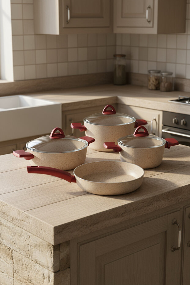 Pluto 7 Parça Granit Tencere Seti Krem - 1