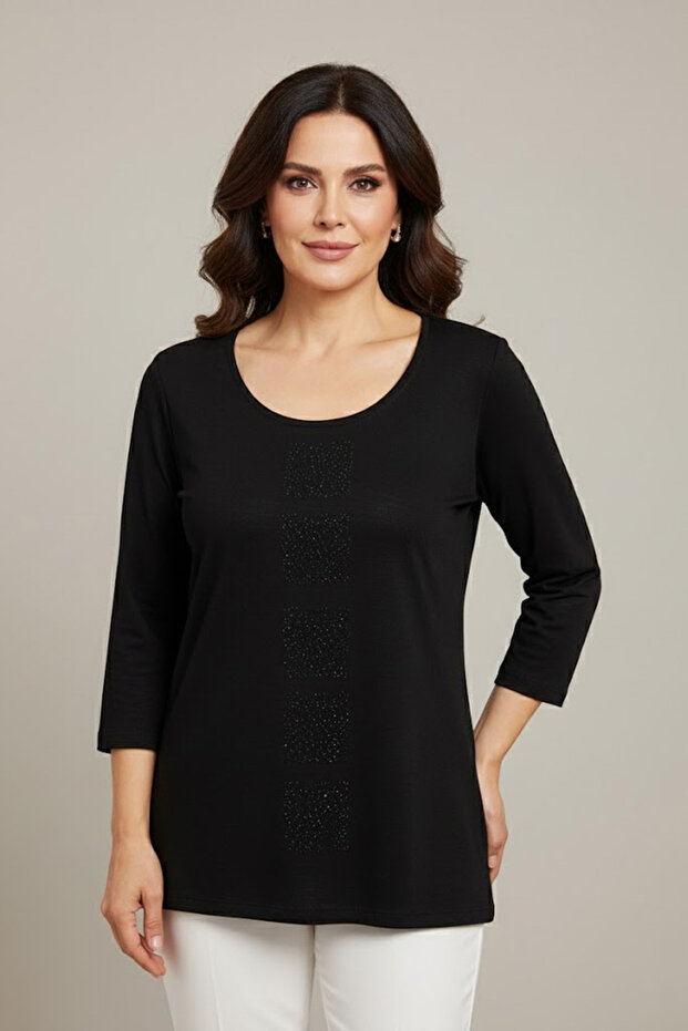 Women's Plus Size Lycra Flared Three-Quarter Sleeve (4-Season) Mother Combed Cotton Blouse - Black