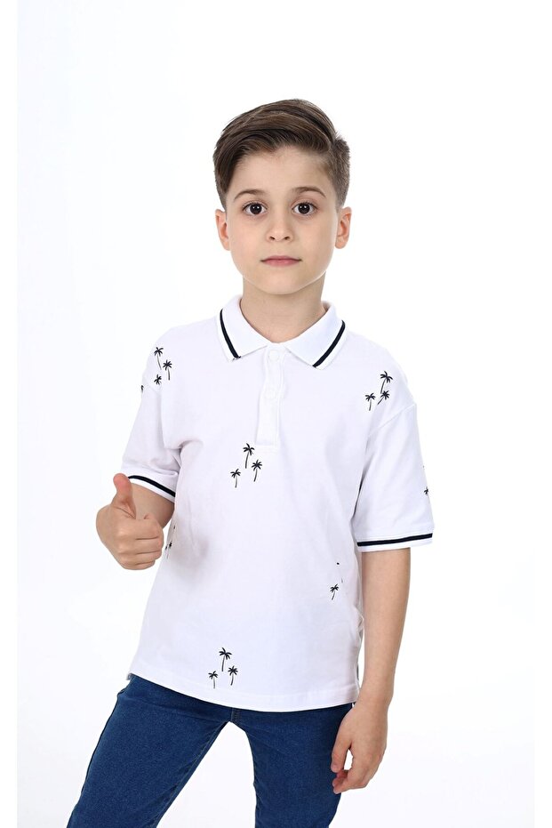 Boy's Printed Polo Neck Buttoned Short Sleeve T-Shirt