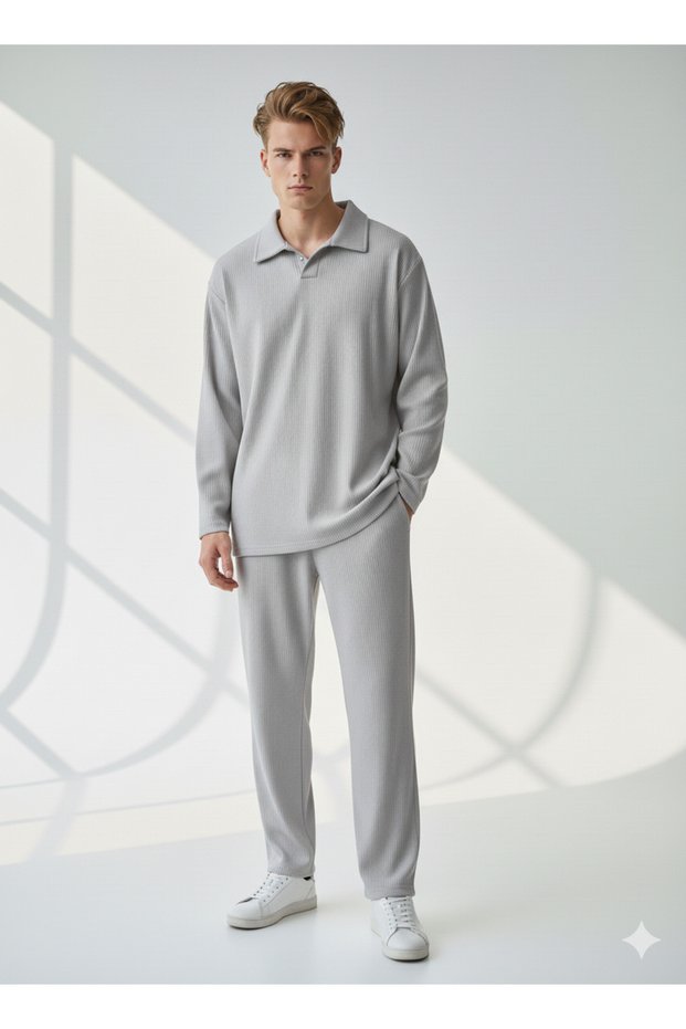 Unisex Corded Fabric Shirt Collar Long Sleeve Pocket Elastic Waist 2-Piece Set