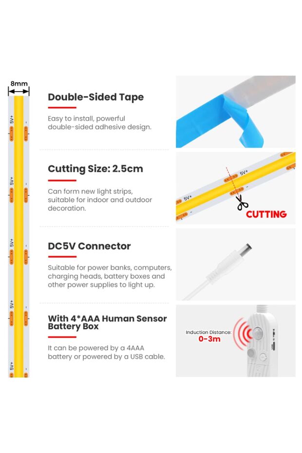 COB LED strip with motion sensor, timer and intensity adjustment, 3m - 6