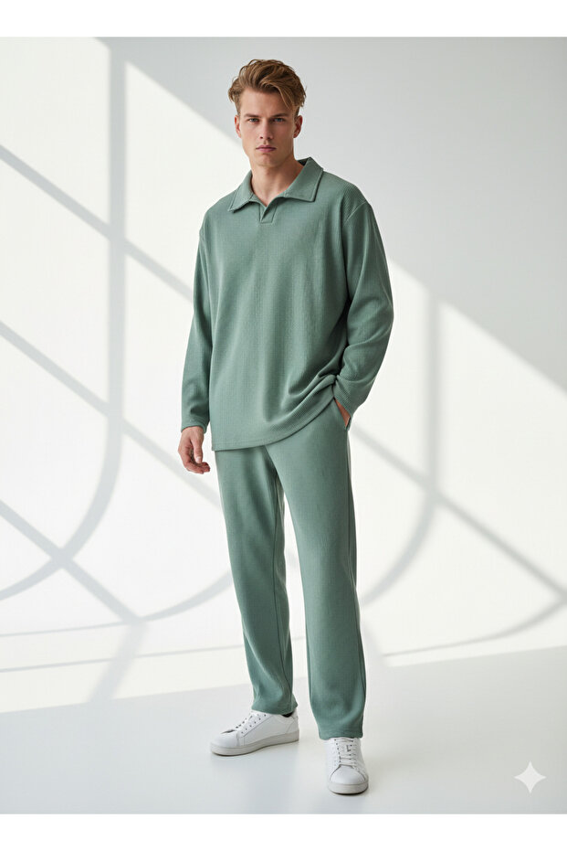Unisex Corded Fabric Shirt Collar Long Sleeve Pocket Elastic Waist 2-Piece Set