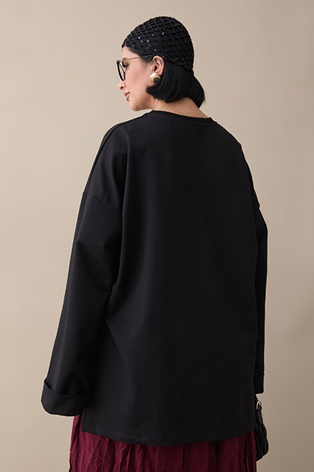 Kolu Katlamalı Oversize Siyah Sweat - 3