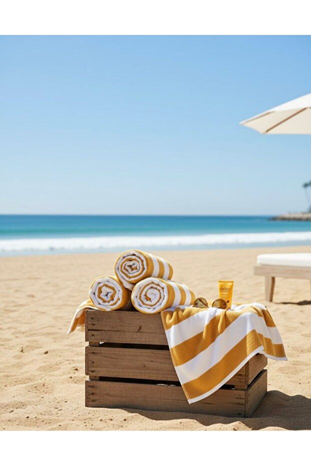Oversized Yellow Beach Towels (3 Pack, 90x180 cm) - 100% Cotton Pool Cabana Stripe Soft Towel