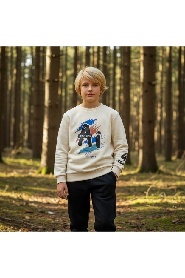 Boy's Tracksuit Set | Printed Sweatshirt and Black Jogger Bottom | Cotton Winter Set